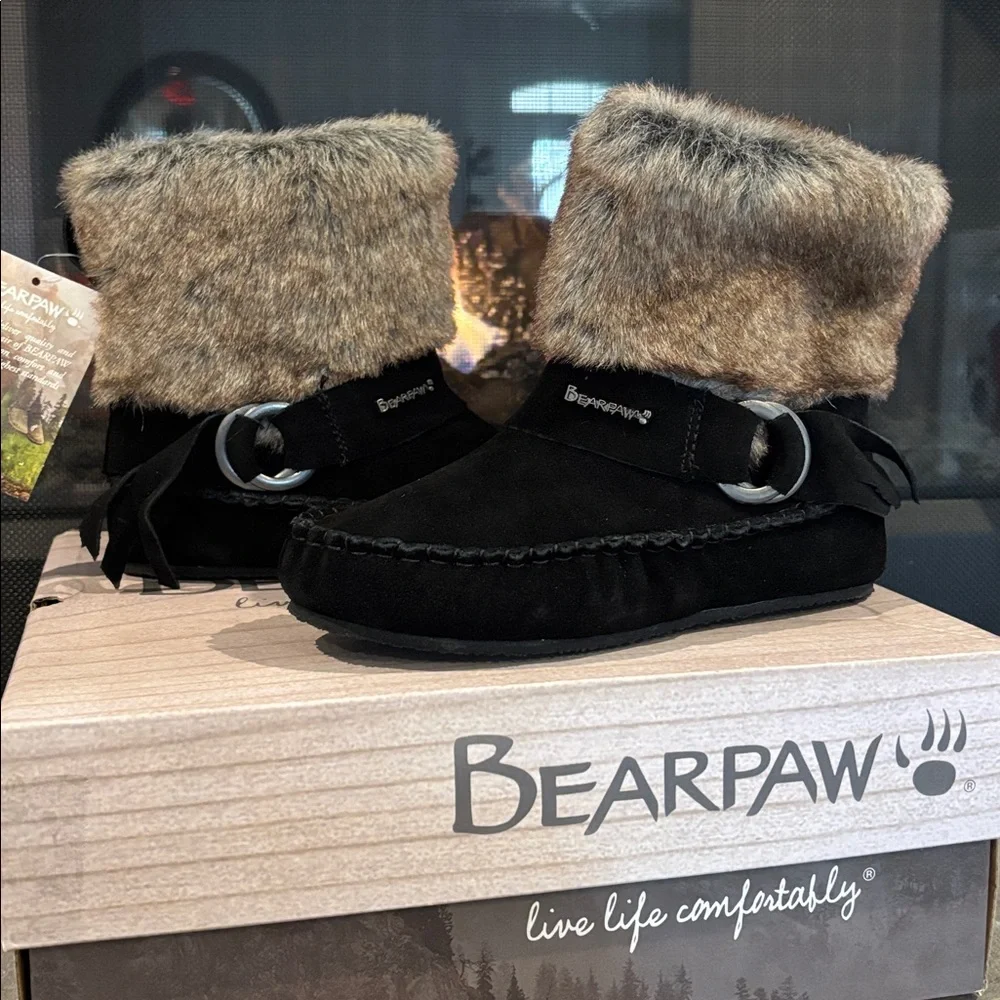 BEARPAW Monet Never Wet,Suede,rabbit fur,wool blend lined sheepskin footbed